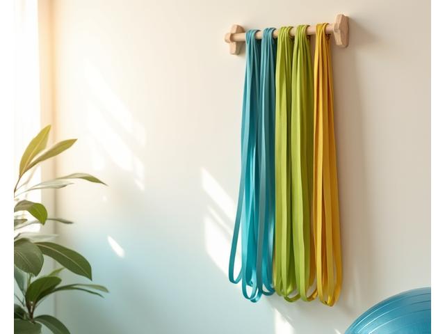 Set of colorful resistance bands and stability ball.